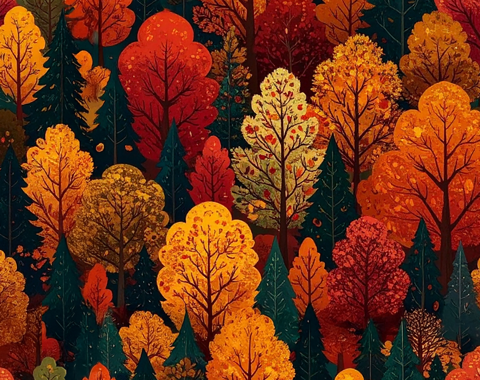 Seasonal Red and Orange Autumn Trees Printed Fabric by the Yard ...